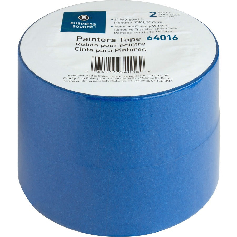 Business Source Multisurface Painter’s Tape - 60 yd Length x 2’’ Width 5.5 mil Thickness - Blue - 2 / Pack - Masking