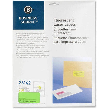 Business Source Neon Labels: 2x4’’ Permanent Adhesive Green Jam-free - 250 Pack - Color-Coding Labels