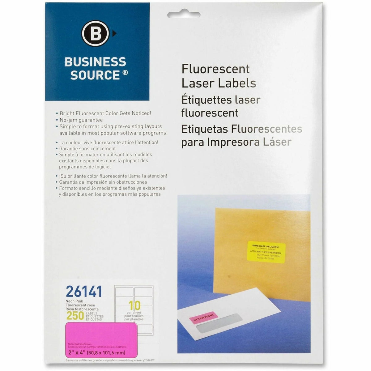 Business Source Neon Labels: 2x4’’ Permanent Adhesive Pink - 250 Pack - Color-Coding Labels