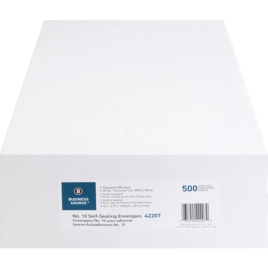 Business Source No.10 Standard Window Invoice Envelopes - Convenient Self-Sealing - 500/Box