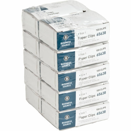 Business Source Paper Clips - No. 1 - Silver Steel - 100/Box - 10/Pack