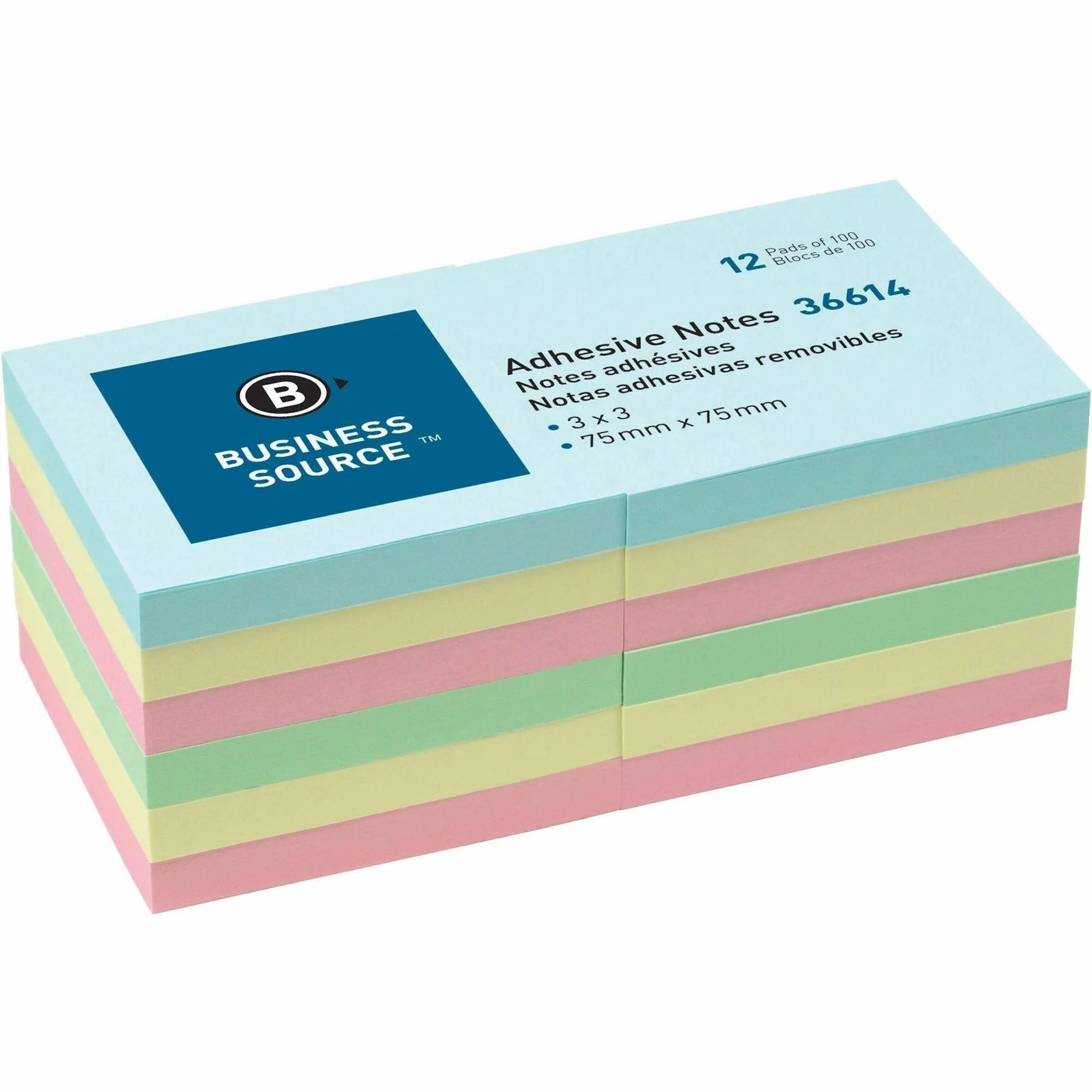 Business Source Plain Pastel Colors Adhesive Notes - 3’’ Square Flags - Assorted - & Dispensers