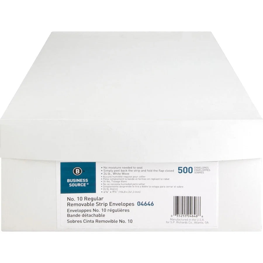 Business Source Plain Peel/Seal Envelopes - #10 Size 24 lb - White Wove - 500/Box