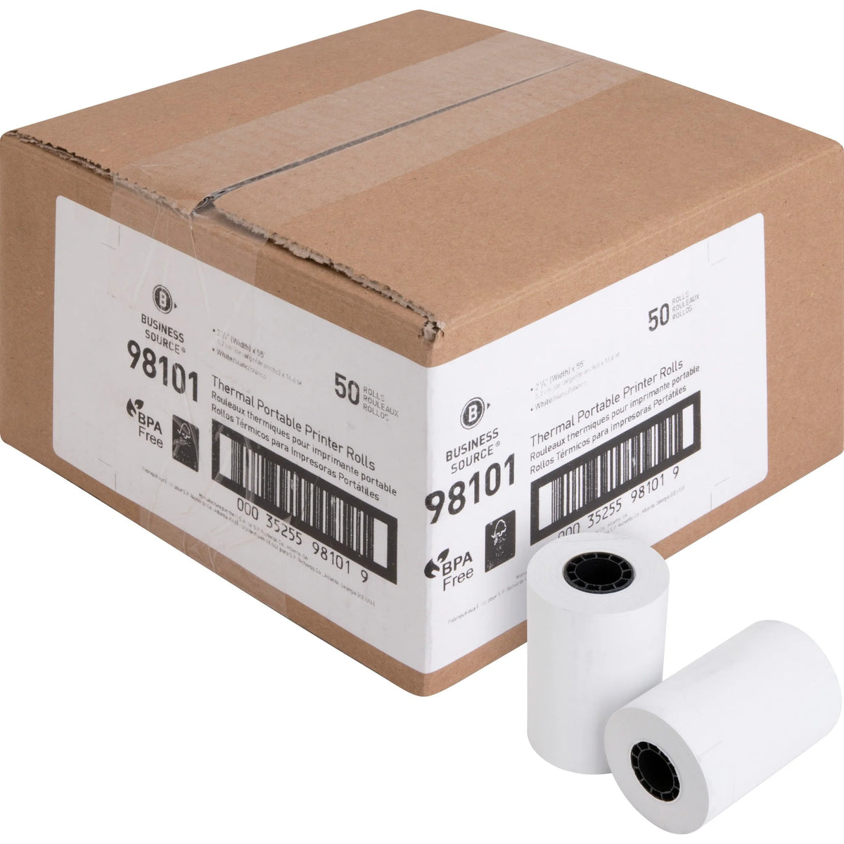 Business Source Portable Printer Thermal Rolls - 2 1/4’’ x 55 ft - White - 50 / Carton - Register / Receipts