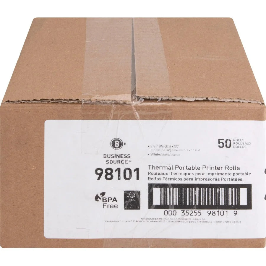 Business Source Portable Printer Thermal Rolls - 2 1/4’’ x 55 ft - White - 50 / Carton - Register / Receipts