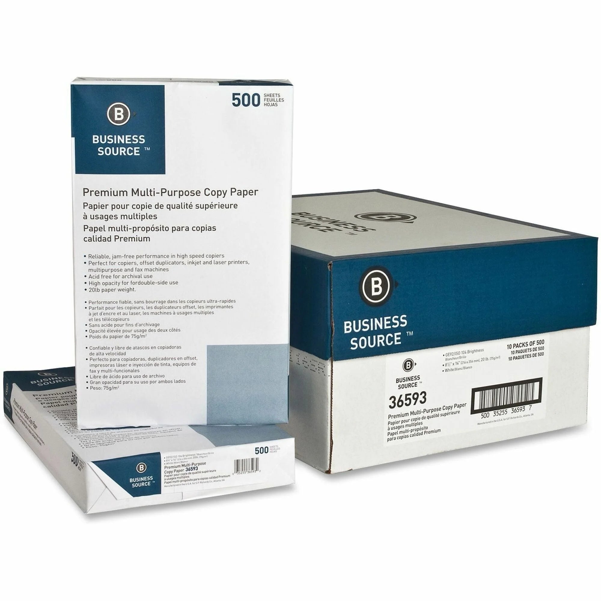 Business Source Premium Copy Paper: White 92 Brightness Legal Size 20 lb Acid-free - 500 Sheets x 10 Carton - & Printer