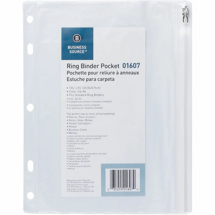 Business Source Punched Binder Pocket - Clear Plastic - 10x8 - 24/Box - Pockets