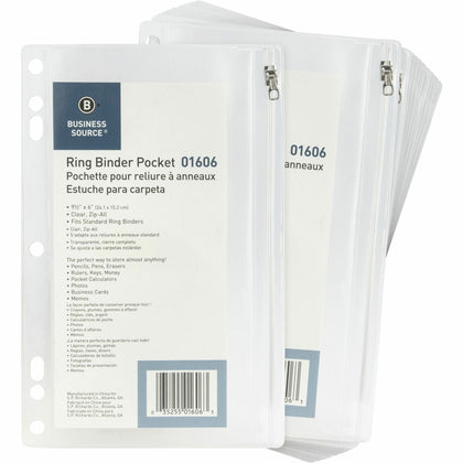 Business Source Punched Binder Pocket - Clear Plastic - 9.5’’ x 6’’ - 7 Holes - 24/Box - Pockets