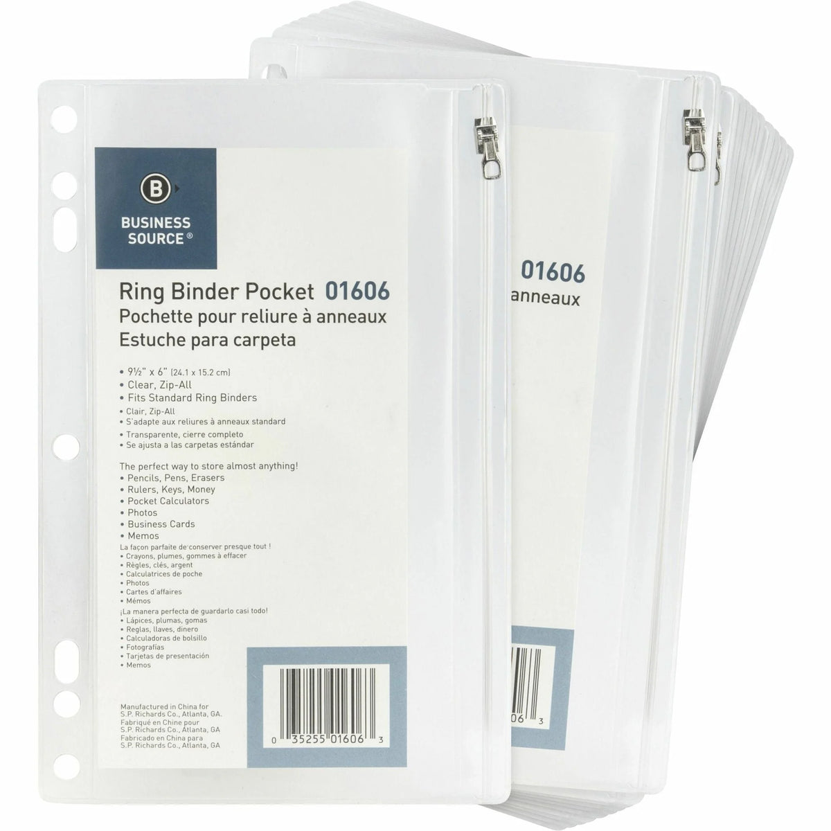 Business Source Punched Binder Pocket - Clear Plastic - 9.5’’ x 6’’ - 7 Holes - 24/Box - Pockets