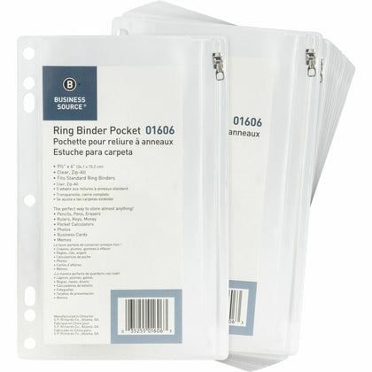 Business Source Punched Binder Pocket - Clear Plastic - 9.5’’ x 6’’ - 7 Holes - 24/Box - Pockets