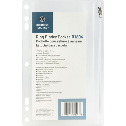 Business Source Punched Economy Binder Pocket - Clear Plastic - 9.5’’ x 6’’ - 7 Holes - Pockets