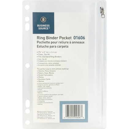 Business Source Punched Economy Binder Pocket - Clear Plastic - 9.5’’ x 6’’ - 7 Holes - Pockets