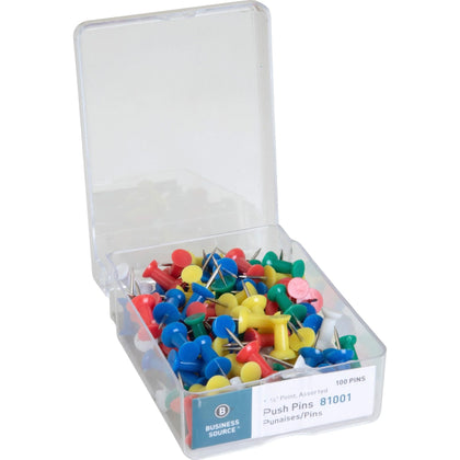 Business Source Push Pins - 1/2’’ Head - Assorted Colors - 100 - Board & Easel Accessories