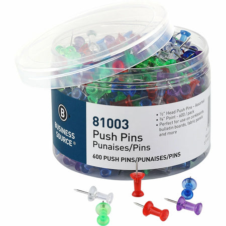 Business Source Pushpins - 1/2’’ Head - Assorted Colors - 600 Pack - Board & Easel Accessories