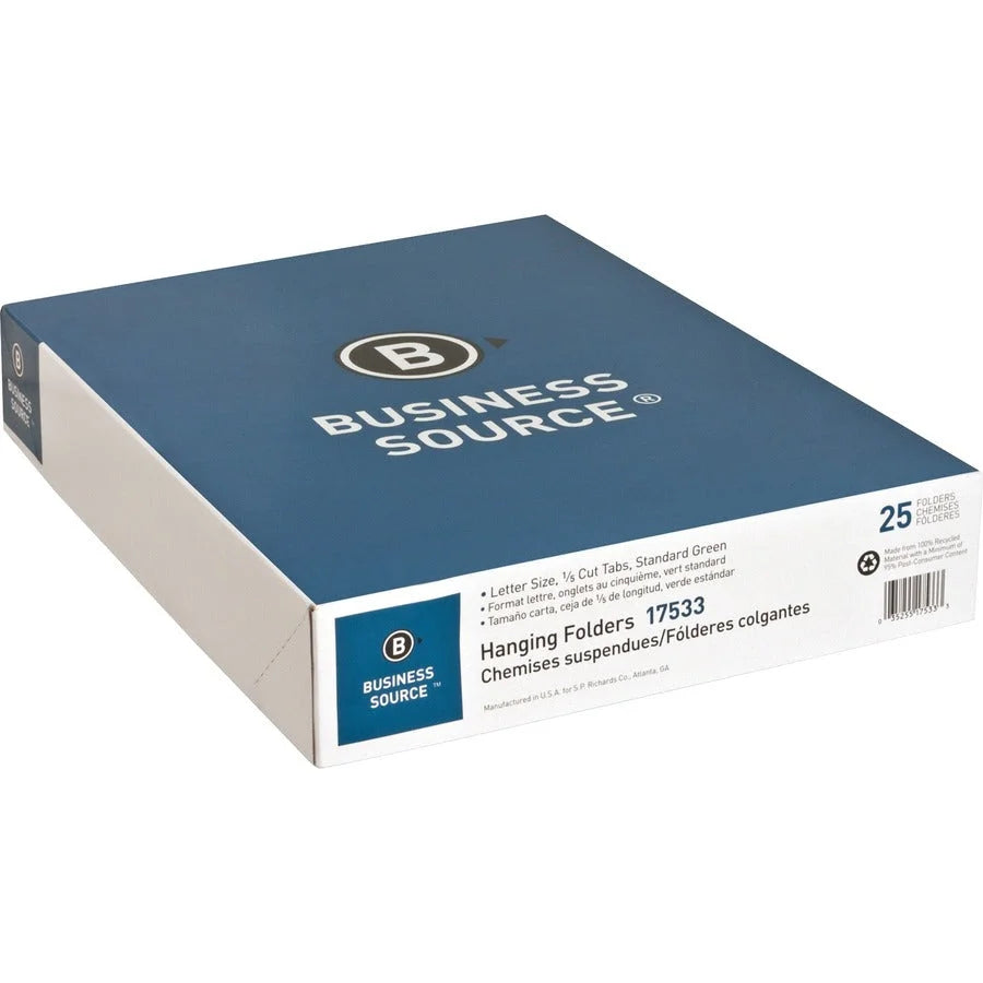 Business Source Recycled Hanging Folders - 8 1/2’’ x 11’’ - Green - Acid-free - 25/Box - & Accessories