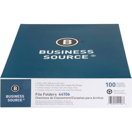 Business Source Recycled Top Tab File Folders - Purple - 100/Box