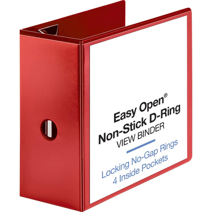 Business Source Red D-Ring Binder - 5’’ Capacity - Letter Size - Polypropylene - Clear Overlay - 1 Each - Presentation