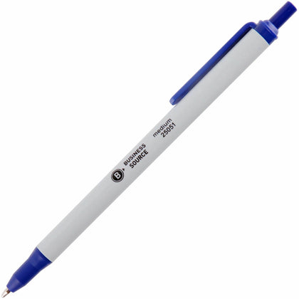 Business Source Retractable Ballpoint Pens: Medium Point Blue Ink - Gray Barrel - Pens