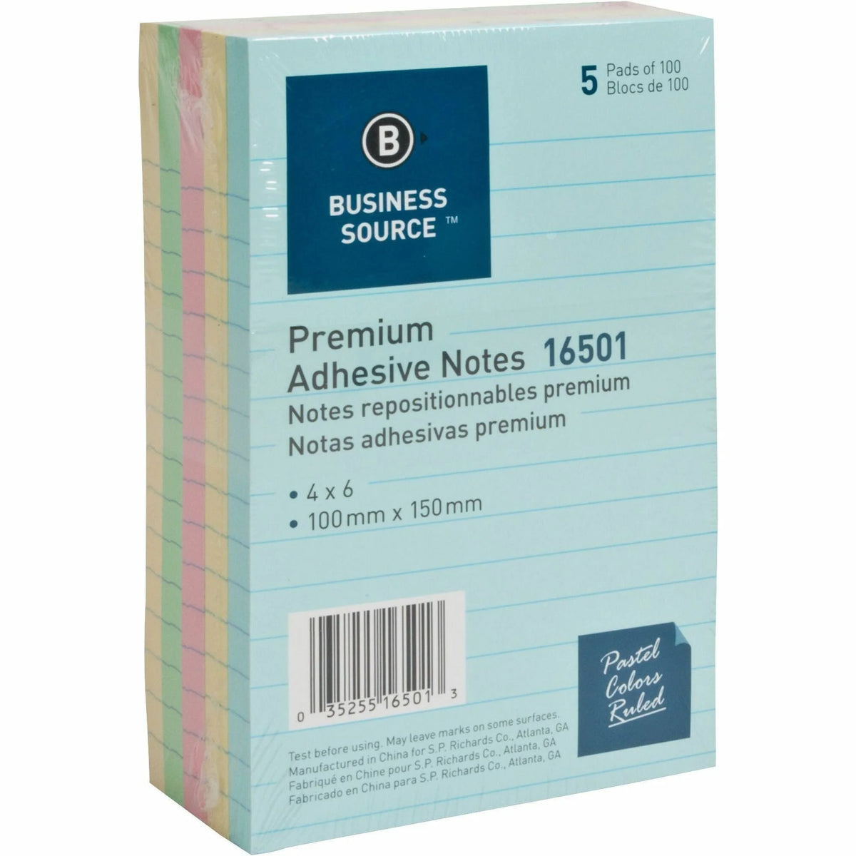 Business Source Ruled Adhesive Notes - Pastel Square Flags 4’’ x 6’’ 5-Pack - & Dispensers