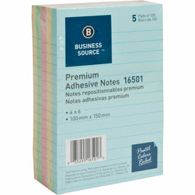 Business Source Ruled Adhesive Notes - Pastel Square Flags 4’’ x 6’’ 5-Pack - & Dispensers