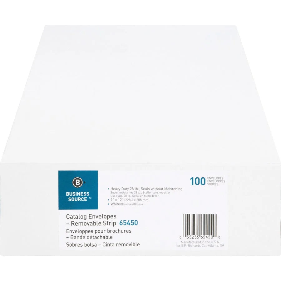 Business Source Self Sealing Catalog Envelopes - 9x12 - 28 lb - White - 100/Box - Large Format