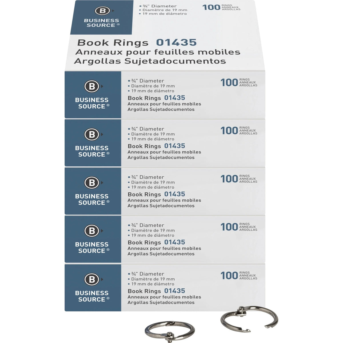 Business Source Standard Book Rings - 0.8’’ Silver - 100/Box - 5 Bundles - Binder / Bulldog Clips