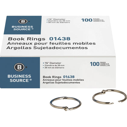 Business Source Standard Book Rings - 1.5’’ Silver - 100/Box - Binder / Bulldog Clips