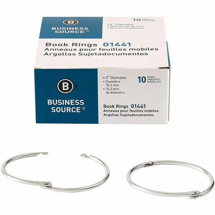 Business Source Standard Book Rings - 3’’ Diameter - Silver - Nickel Plated - 10 / Box - Binder / Bulldog Clips
