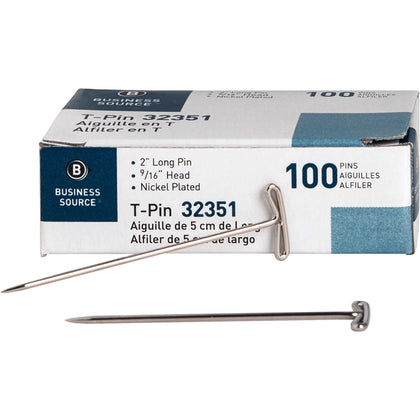 Business Source Steel T-Pins - High Quality 2’’ Length - Silver - 100/Box - Board & Easel Accessories