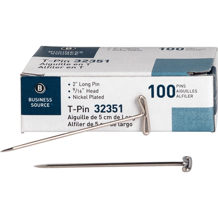 Business Source Steel T-Pins - High Quality 2’’ Length - Silver - 100/Box - Board & Easel Accessories