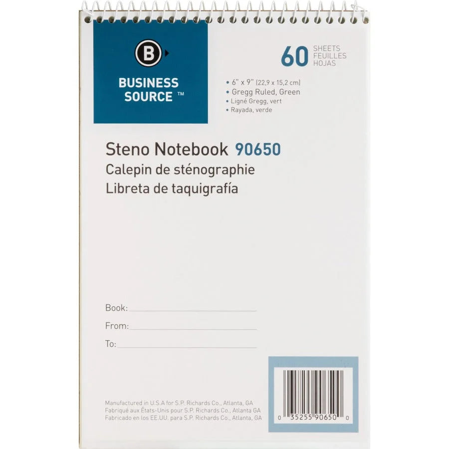 Business Source Steno Notebooks: Coilock Gregg Ruled 6’’ x 9’’ Green Tint Stiff-back - 12/Pack - Notebooks