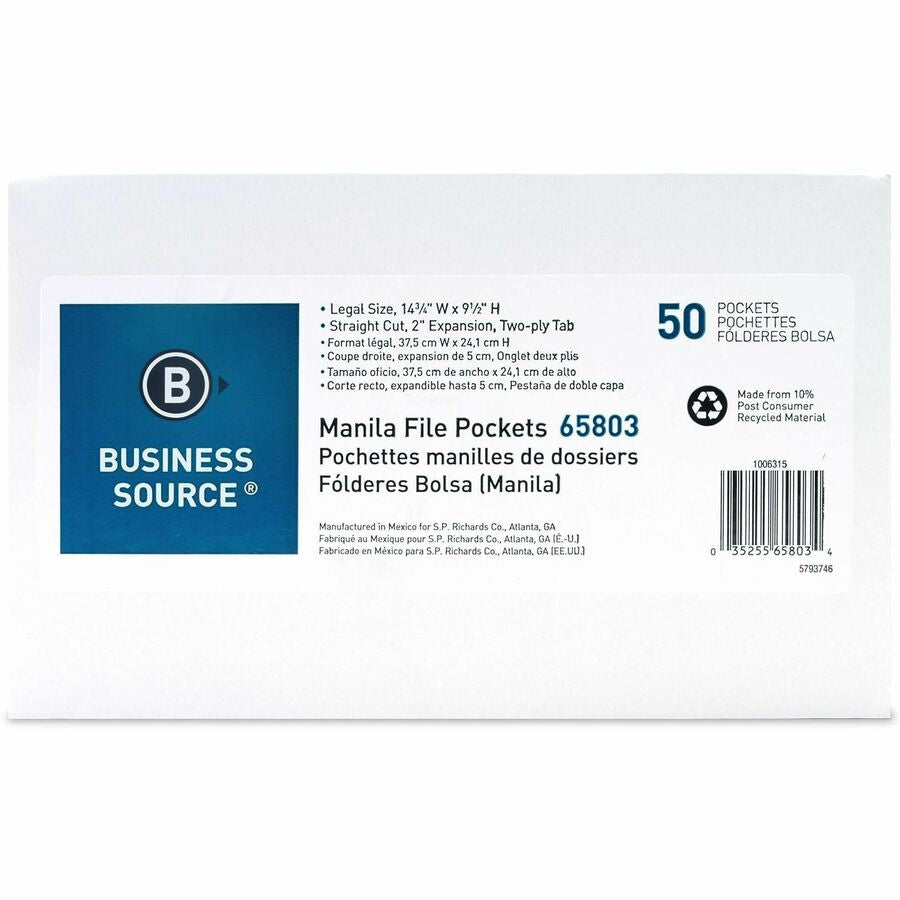 Business Source Straight Tab Cut Legal Recycled File Pocket - 8 1/2’’ x 14’’ - 2’’ Expansion - 11 pt. - Manila - Filing