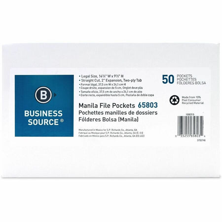 Business Source Straight Tab Cut Legal Recycled File Pocket - 8 1/2’’ x 14’’ - 2’’ Expansion - 11 pt. - Manila - Filing