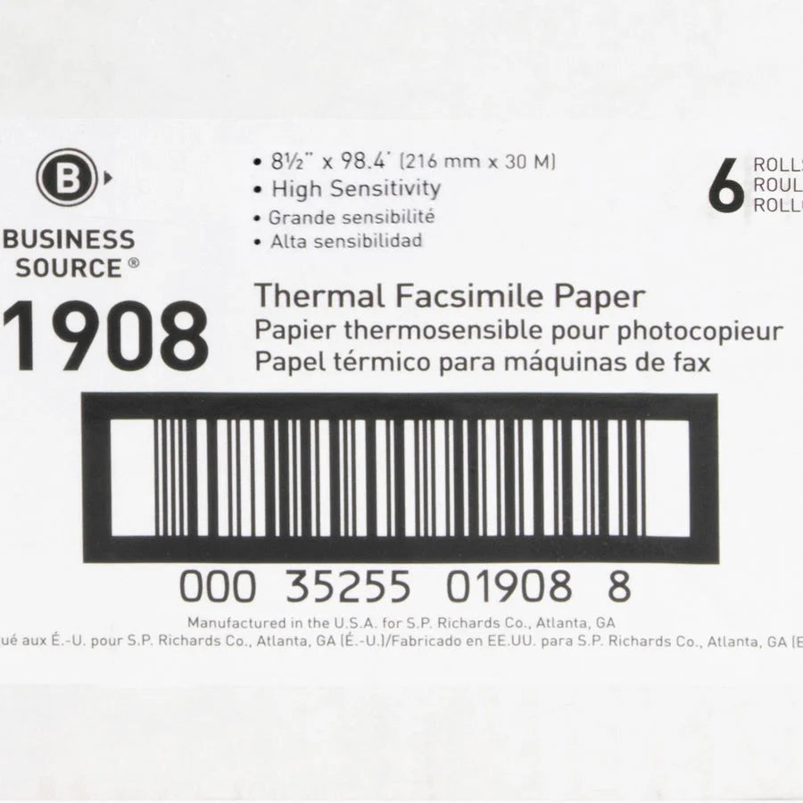 Business Source Thermal Fax Paper Rolls - 8 1/2’’ x 98 ft - 55 g/m² Grammage - White - 6 / Carton - Specialty