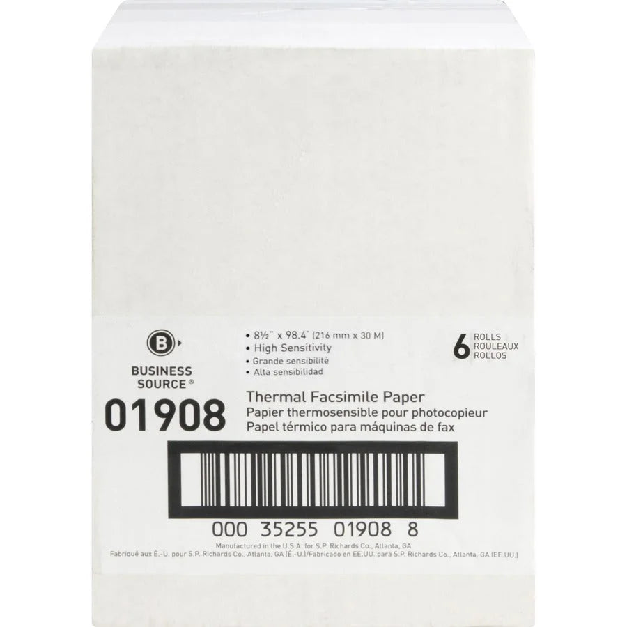 Business Source Thermal Fax Paper Rolls - 8 1/2’’ x 98 ft - 55 g/m² Grammage - White - 6 / Carton - Specialty