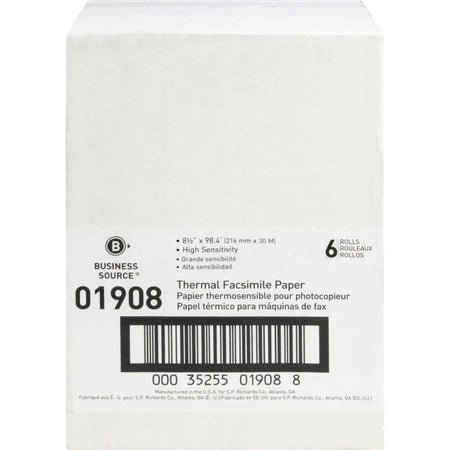 Business Source Thermal Fax Paper Rolls - 8 1/2’’ x 98 ft - 55 g/m² Grammage - White - 6 / Carton - Specialty