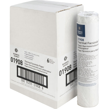 Business Source Thermal Fax Paper Rolls - 8 1/2’’ x 98 ft - 55 g/m² Grammage - White - 6 / Carton - Specialty