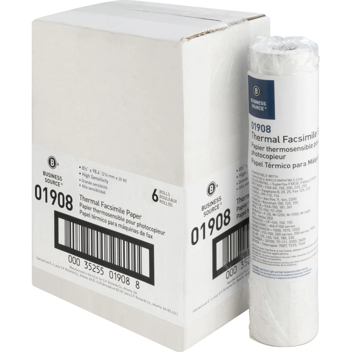 Business Source Thermal Fax Paper Rolls - 8 1/2’’ x 98 ft - 55 g/m² Grammage - White - 6 / Carton - Specialty