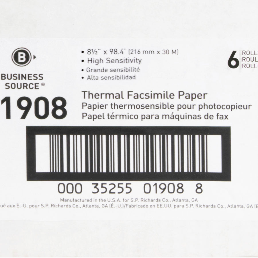 Business Source Thermal Fax Paper Rolls - 8 1/2’’ x 98 ft - 55 g/m² Grammage - White - 6 / Carton - Specialty