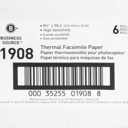 Business Source Thermal Fax Paper Rolls - 8 1/2’’ x 98 ft - 55 g/m² Grammage - White - 6 / Carton - Specialty