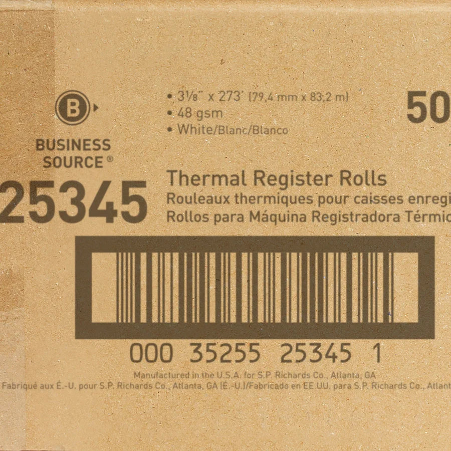 Business Source Thermal Paper: 3 1/8’’ x 273 ft 48 g/m¬≤ Smooth White - 50/Carton - Register / Receipts
