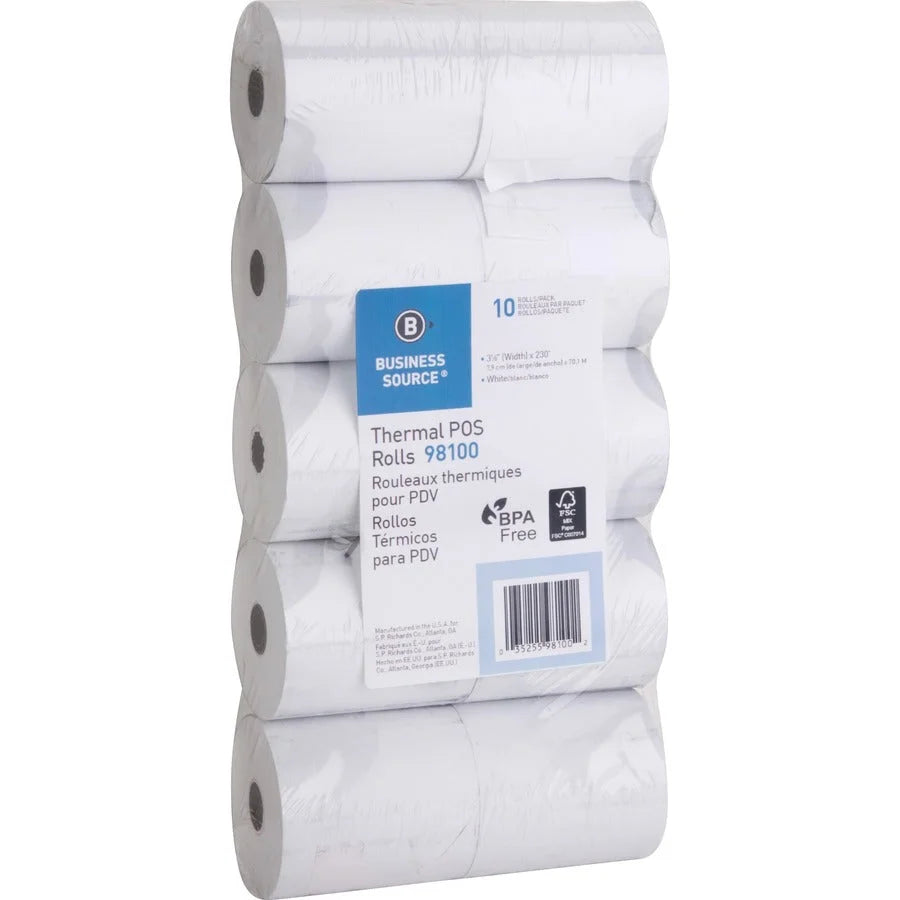 Business Source Thermal Receipt Rolls - 3 1/8’’ x 230 ft - White - 10/Pack - Register / Receipts