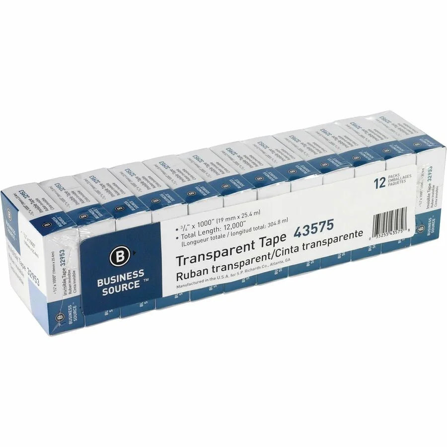Business Source Transparent Glossy Tape - Clear 27.78 yd x 0.75’’ - 12/Pack - General Purpose/Office