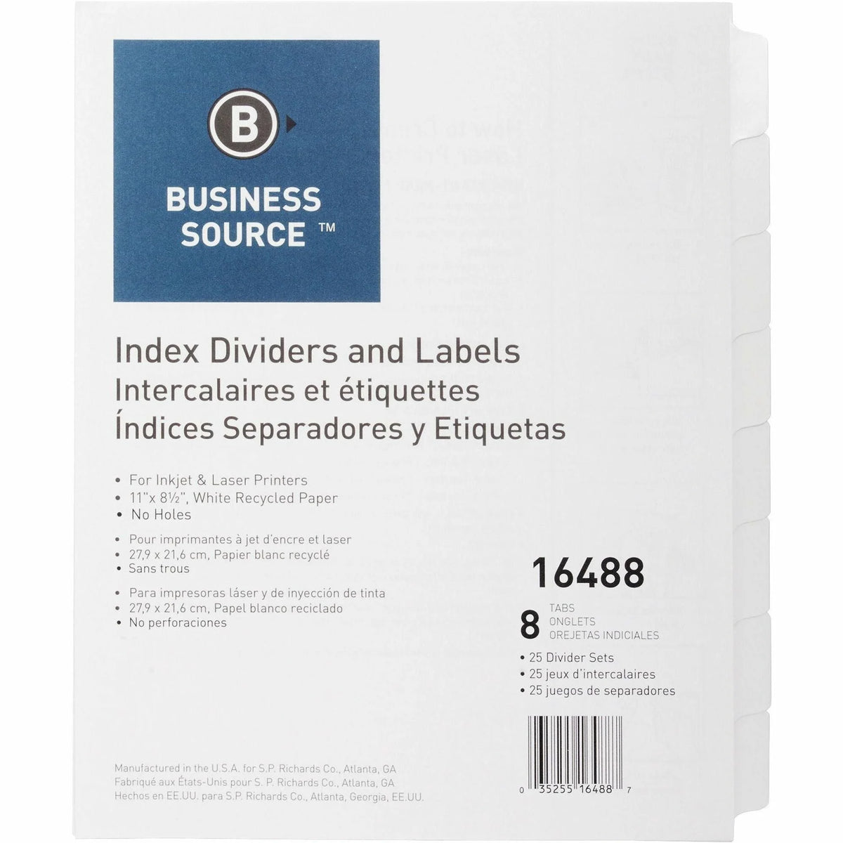 Business Source Unpunched Index Dividers Set - 8 Blank Tab - Letter Size - White - 100% Recycled - 25/Box - Divider