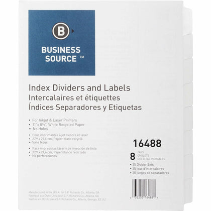 Business Source Unpunched Index Dividers Set - 8 Blank Tab - Letter Size - White - 100% Recycled - 25/Box - Divider