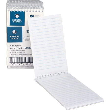 Business Source Wirebound Memo Books - 50 Sheet(s) - Wire Bound - 5’’ x 3’’ Sheet Size - White - 1 Dozen - Notebooks