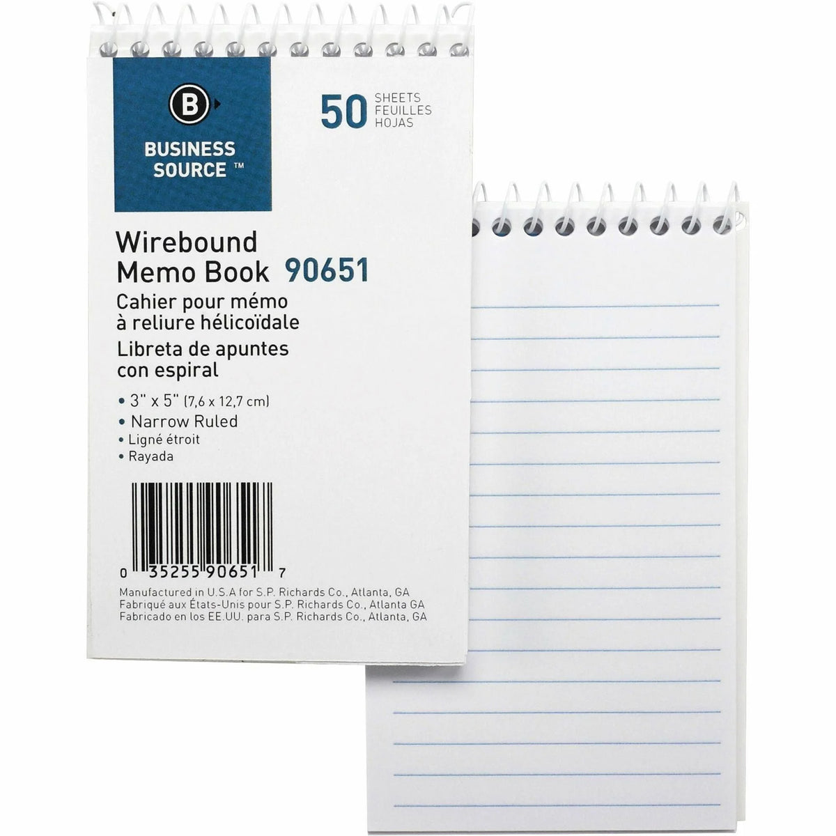 Business Source Wirebound Memo Books - 50 Sheet(s) - Wire Bound - 5’’ x 3’’ Sheet Size - White - 1 Dozen - Notebooks