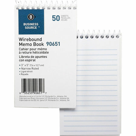 Business Source Wirebound Memo Books - 50 Sheet(s) - Wire Bound - 5’’ x 3’’ Sheet Size - White - 1 Dozen - Notebooks