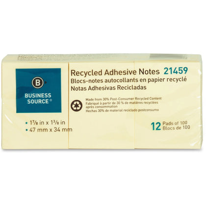 Business Source Yellow Adhesive Notes - 1 7/8’’ x 3/8’’ - 12 Pack - & Dispensers