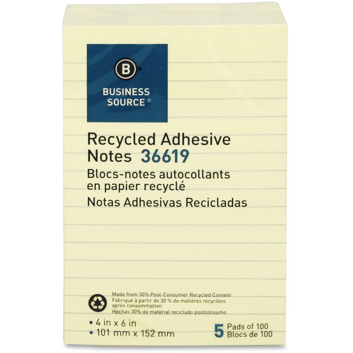 Business Source Yellow Adhesive Notes - 4x6’’ Ruled Flags - 5-Pack - & Dispensers